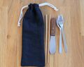 Linen Zero Waste Utensils Wrap, Navy Blue Reusable Cutlery Holder For Travel, Drawstring Pouch For Picnic 