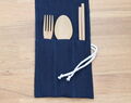 Navy Blue Linen Reusable Cutlery Roll, Reusable Cutlery Holder For Travel
