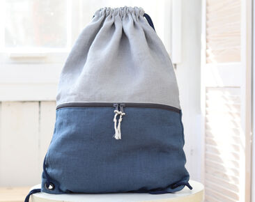 Linen backpack with zippered pocket, blue lightweight travel gift, rucksack, turnbeutel 50x36cm ~ 19.7" x 14"