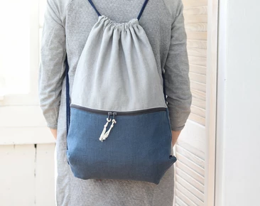 Linen backpack with zippered pocket, blue lightweight travel gift, rucksack, turnbeutel