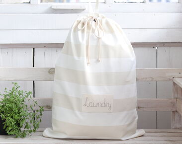 Personalized Laundry Hamper, Cotton beige stripes laundry organizer for dirty clothes, Nursery Storage 
