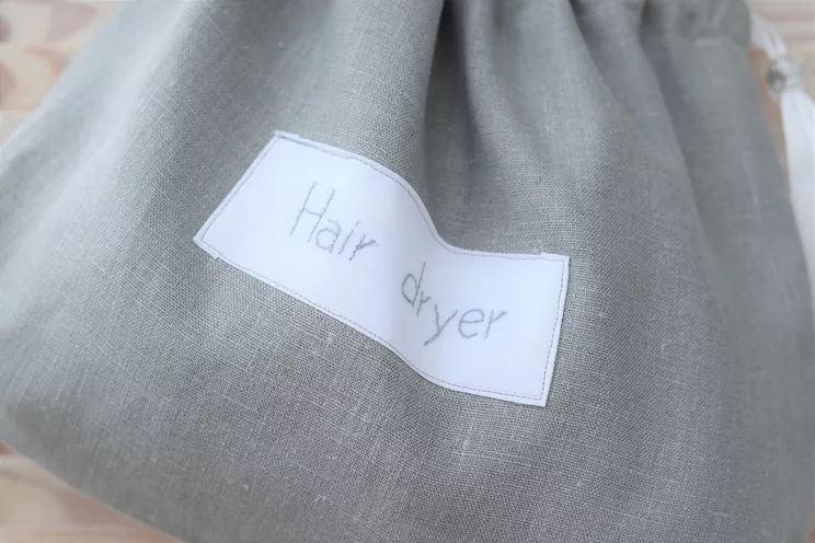 Sac de sèche-cheveux en lin gris pour maison de plage, support de sèche-cheveux Airbnb, organisateur de sèche-cheveux de salle de bain d'hôtel, stockage d'accessoires pour cheveux