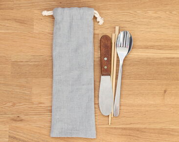 Envoltura de utensilios de lino sin residuos, soporte para cubiertos reutilizable gris para viajes, bolsa con cordón para picnic