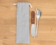 Linen Zero Waste Utensils Wrap, Grey Reusable Cutlery Holder for travel, Drawstring pouch for Picnic