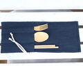 Navy Blue Linen Reusable Cutlery Roll, Reusable Cutlery Holder For Travel