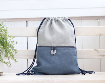 Linneryggsäck med ficka med dragkedja, blå lätt resepresent, ryggsäck, turnbeutel 40x30 cm ~ 15,7" x 11,8"