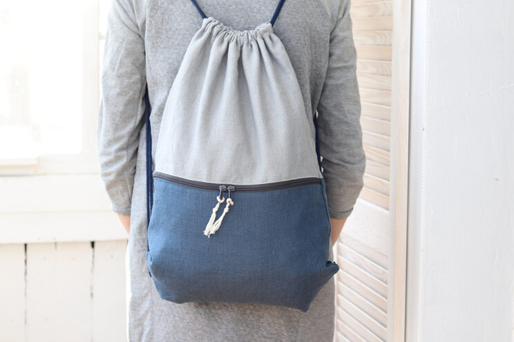 Linen Backpack With Zippered Pocket, Blue Lightweight Travel Gift, Rucksack, Turnbeutel 50x36cm ~ 19.7" X 14"
