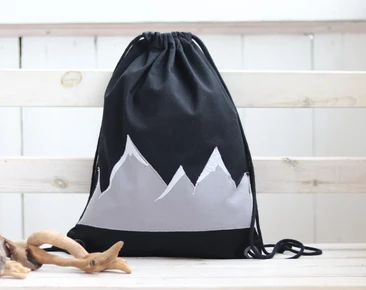 Cotton black backpack, lightweight travel gift, black mountains minimalistic backpack