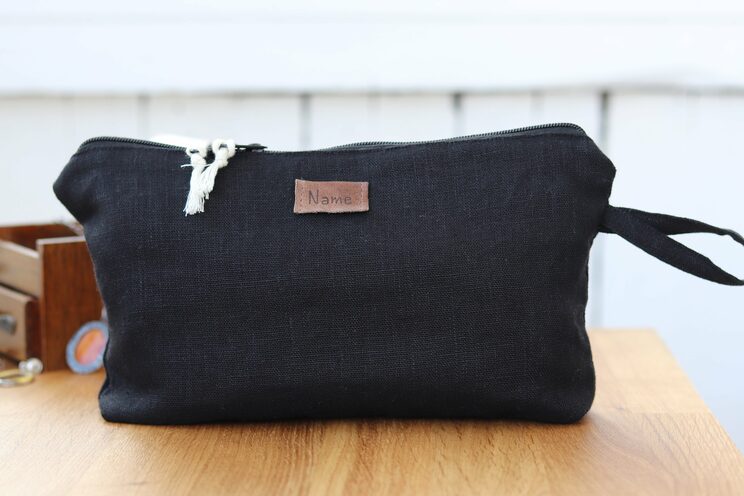 Linen Cosmetic Bag, Travel Organizer, Black Cosmetic Zippered Case, Makeup Pouch, Personalized Travel Accessories
