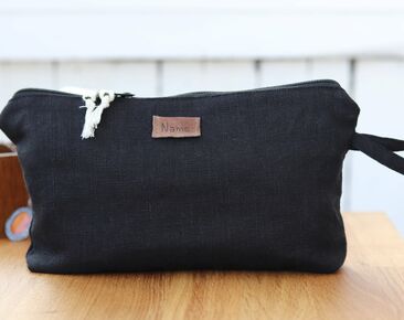 Linen cosmetic bag, travel organizer, black cosmetic zippered case, makeup pouch, personalized travel accessories