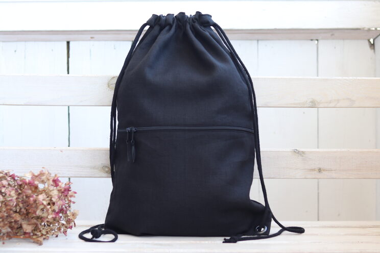 Eleganter Schwarzer Leinenrucksack Mit Reißverschlusstasche Schlichtes Reisegeschenk Kleine Größe