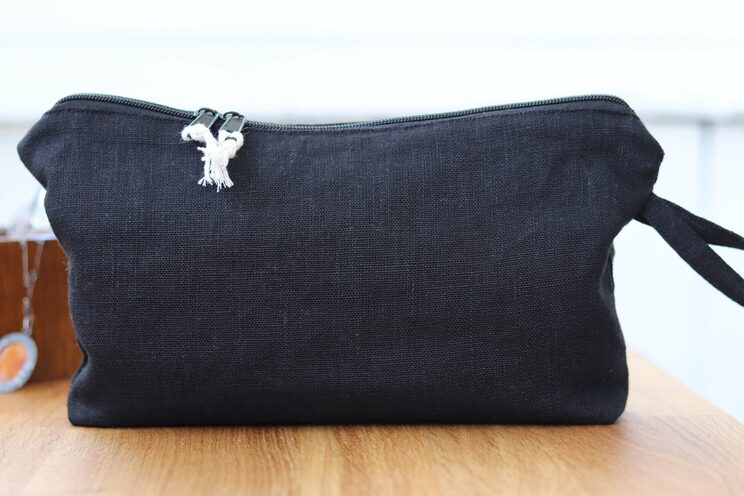 Linen Cosmetic Bag, Travel Organizer, Black Cosmetic Zippered Case, Makeup Pouch, Personalized Travel Accessories