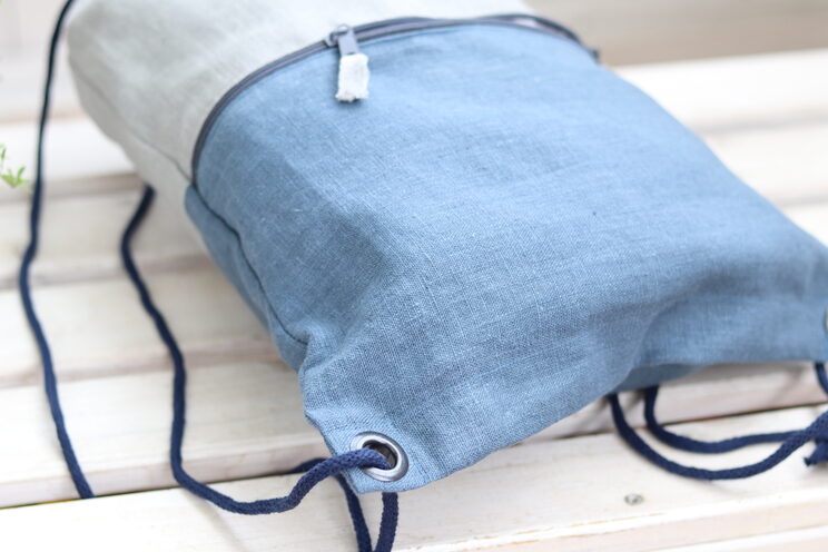 Linen Backpack With Zippered Pocket, Blue Lightweight Travel Gift, Rucksack, Turnbeutel 40x30cm ~ 15.7" X 11.8"