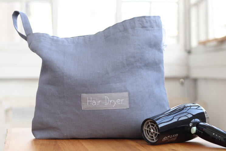 Linen Hair Dryer Bag With Name, Elegant Dark Gray Blow Dryer Holder For Hotel, Personalized Hairdryer Organizer