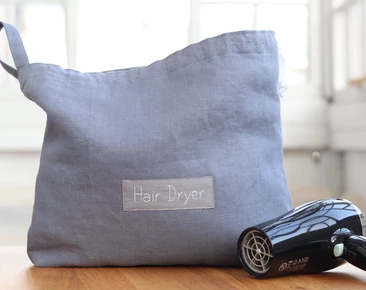 Linen hair dryer bag with name, Elegant Dark gray blow dryer holder for hotel, Personalized hairdryer organizer