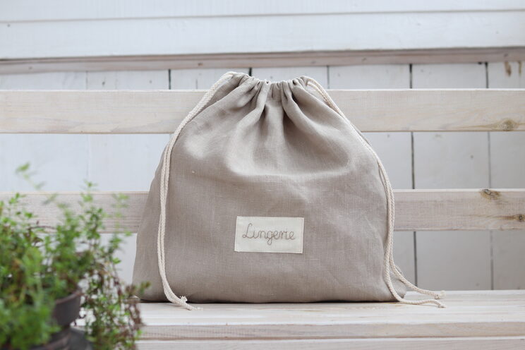 Linen Lingerie Bag, Laundry Travel Bag, Beige Custom Label Travel Accessories, Shoe Bag, Honeymoon Gift, Underwear Bag
