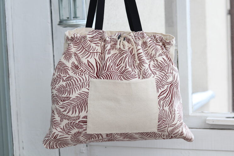 Große Strandtasche Aus Baumwollstoff, Utility Tasche Mit Burgunder Blätter Muster, Einfache Freizeittasche Mit Taschen