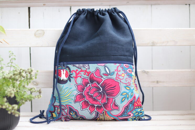 Small Linen Navy Blue Backpack With Zippered Pocket Drawstring Backpack For Her With Cotton Oriental Flower