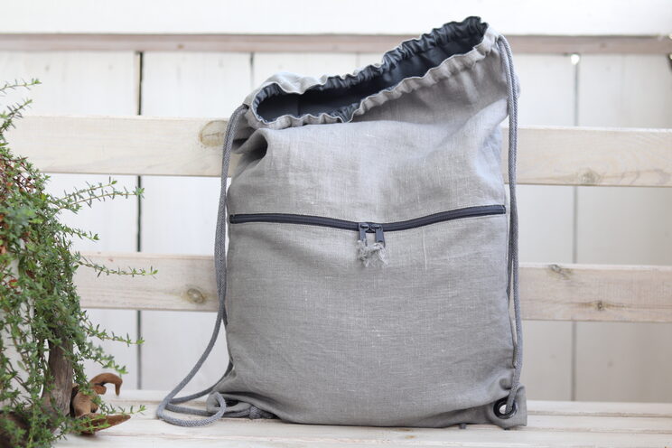 Leinenrucksack Mit Reißverschlusstasche, Graues Leichtes Reisegeschenk, Minimalistischer Rucksack Mit Kordelzug 50x36cm
