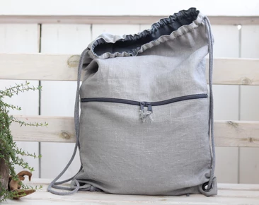 Linen backpack with zippered pocket, gray lightweight travel gift, drawstring minimalist backpack 50x36cm ~ 19.7" x 14"