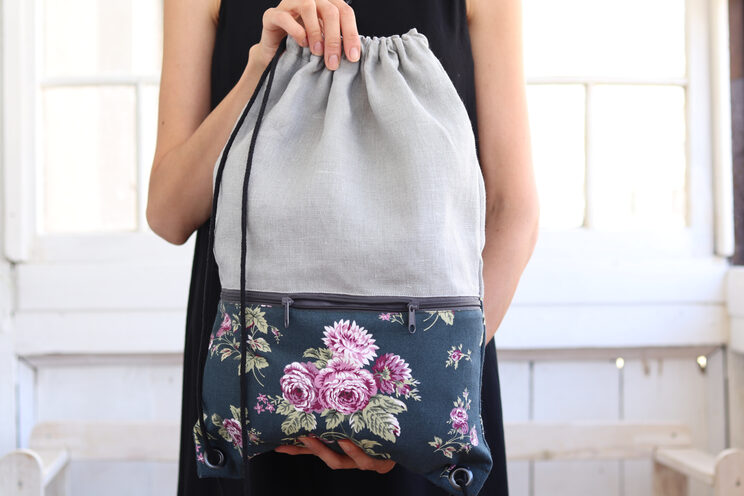 Baumwollrucksack Mit Reißverschlusstasche, Leinen Leichtes Reisegeschenk, Lila Blumenkordelrucksack Für Sie, Rucksack,
