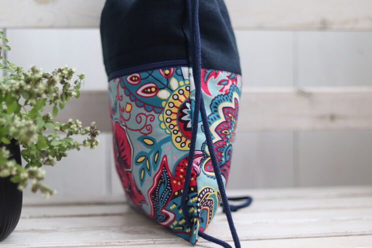 Navy Blue Linen Backpack With Zippered Pocket Bigger Lightweight Drawstring Backpack For Her With Cotton Oriental Flower