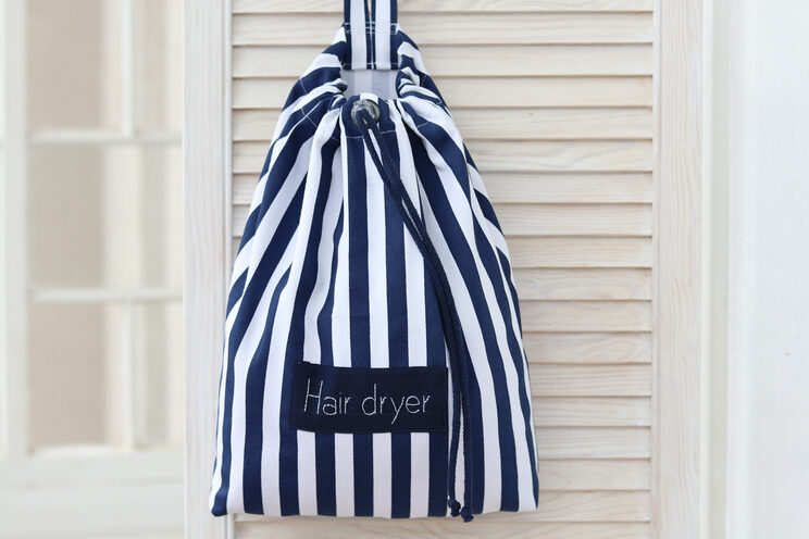 Hair Dryer Bag For Beach House, Hotel Bathroom Navy Blue Stripes Hair Dryer Holder, Airbnb Blow Dryer Organizer,