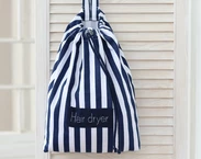 Hair dryer bag for beach house, hotel bathroom navy blue stripes hair dryer holder, Airbnb blow dryer organizer, nautical hair accessories bag, personalized hair dryer bag