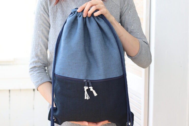 Handmade Linen Backpack With Zippered Pocket Blue Floral Fabric 40x30cm ~ 15.7" X 11.8"