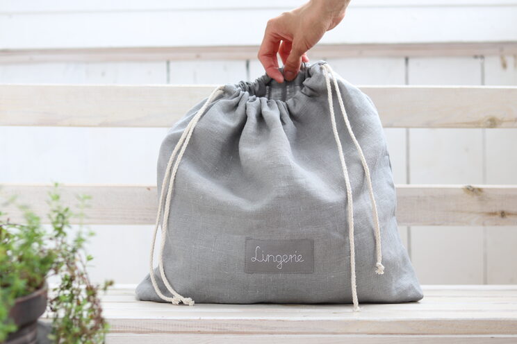 Linen Lingerie Bag, Laundry Travel Bag, Grey Custom Label Travel Accessories, Shoe Bag, Honeymoon Gift, Underwear Bag