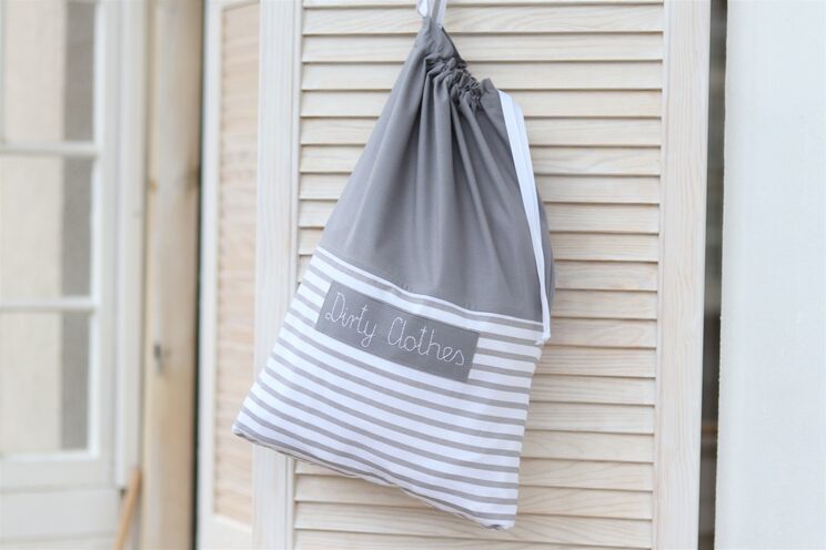 Travel Lingerie Bag With Name, Dirty Clothes Bag, Kids Travel Accessories, Grey Striped Fabric Travel Laundry Bag,