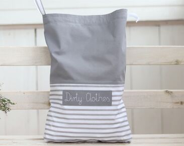 Travel lingerie bag with name, dirty clothes bag, kids travel accessories, grey striped fabric travel laundry bag, underwear bag 