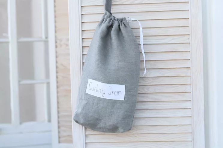 Grey linen hair straightener bag for beach house, Airbnb hair curler storage, Hair dryer holder, blow dryer organizer, hair accessories bag 