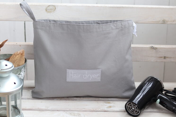 Gray Cotton Hair Dryer Bag, Personalized Hair Dryer Holder, Thick Cotton Hair Accessories Organizer With Name,
