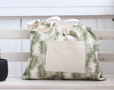 Bolsa de playa grande de tela de algodón, tote utilitario con patrón de hojas verdes, bolsa informal simple con bolsillos para el trabajo