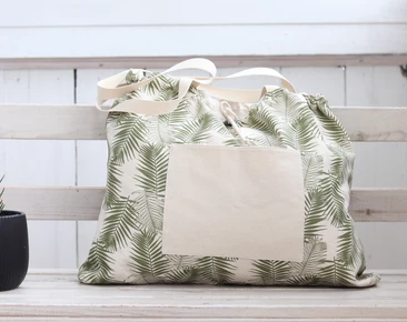 Liela pludmales soma ar kokvilnas audumu, zaļo lapu raksts, koferis, vienkārša ikdienas soma ar kabatām darbam