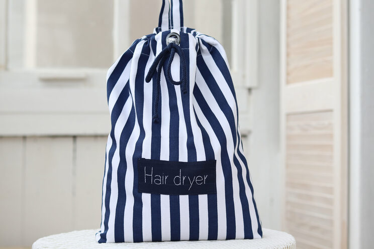 Hair Dryer Bag For Beach House, Hotel Bathroom Navy Blue Stripes Hair Dryer Holder, Airbnb Blow Dryer Organizer,