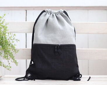 Mochila de lino gris negro con bolsillo, regalo de viaje ligero para él o ella 50x36cm ~ 19.7" x 14"