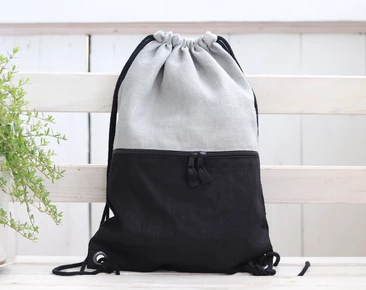 Linen black gray backpack with pocket, Lightweight travel gift for her or him 50x36cm ~ 19.7" x 14"
