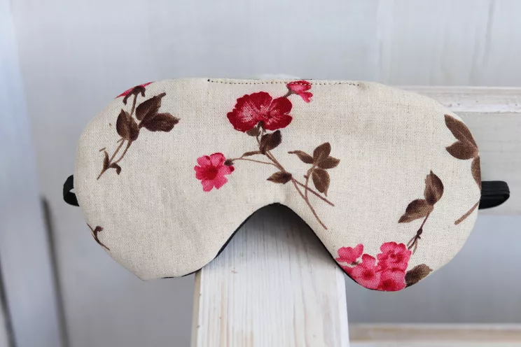Linen Adjustable Sleeping Eye Mask, Beige Linen With Flowers Eye Cover For Travel, Travel Gifts For Her