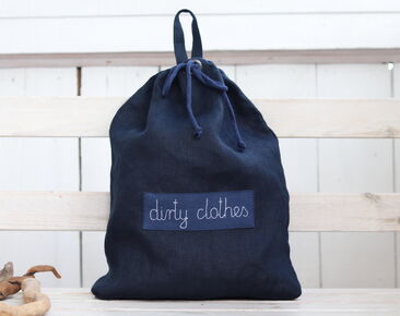 Linen Navy Blue lingerie Bag with name Honeymoon Travel Accessories gift