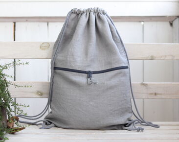 Mochila de lino con bolsillo con cremallera, regalo de viaje ligero gris, mochila minimalista con cordón 40x30cm ~ 15.7" x 11.8"