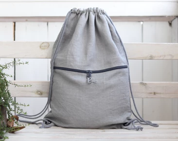 Linen backpack with zippered pocket, gray lightweight travel gift, drawstring minimalist backpack 40x30cm ~ 15.7" x 11.8"