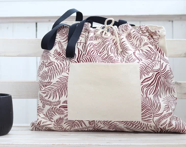 Large Beach bag cotton fabric, Burgundy Leaves pattern Utility tote, Simple casual bag with pockets for work 