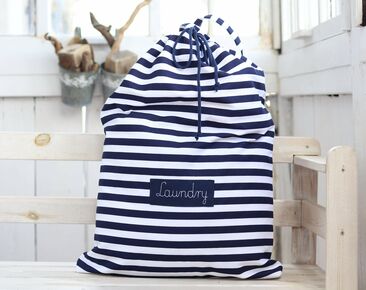 Personalized laundry camp bag, navy blue stripes laundry hamper for college