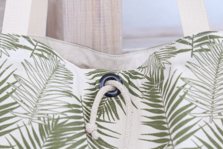 Large Beach Bag Cotton Fabric, Green Leaves Pattern Utility Tote, Simple Casual Bag With Pockets For Work 