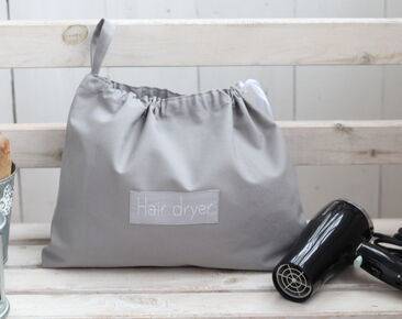 Pelēka kokvilnas matu žāvētāja soma, personalizēts matu žāvētāja turētājs, biezas kokvilnas matu aksesuāru organizators ar vārdu, friziera dāvana