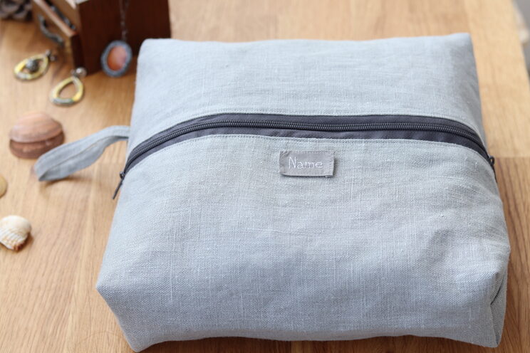Gray Linen Travel Organizer For Lingerie Cosmetic Bag With Name Or Knitting Bag Personalized Travel Accessories