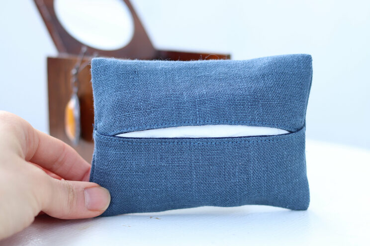 Personalized Travel Tissue Holder Made Of Elegant Blue Linen Great 50th Birthday Idea For Mom
