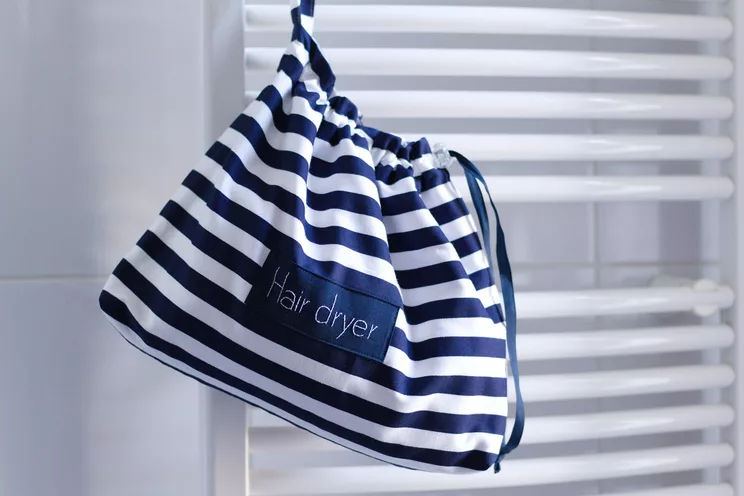 Hair Dryer Bag For Beach House, Navy Blue Stripes Hair Dryer Holder, Airbnb Blow Dryer Organizer, Nautical Hair